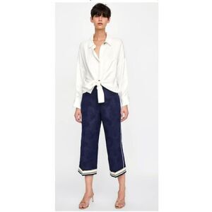 Zara Contrasting Trim Blue Jacquard High Waist Culotte Style Short Pants  Small